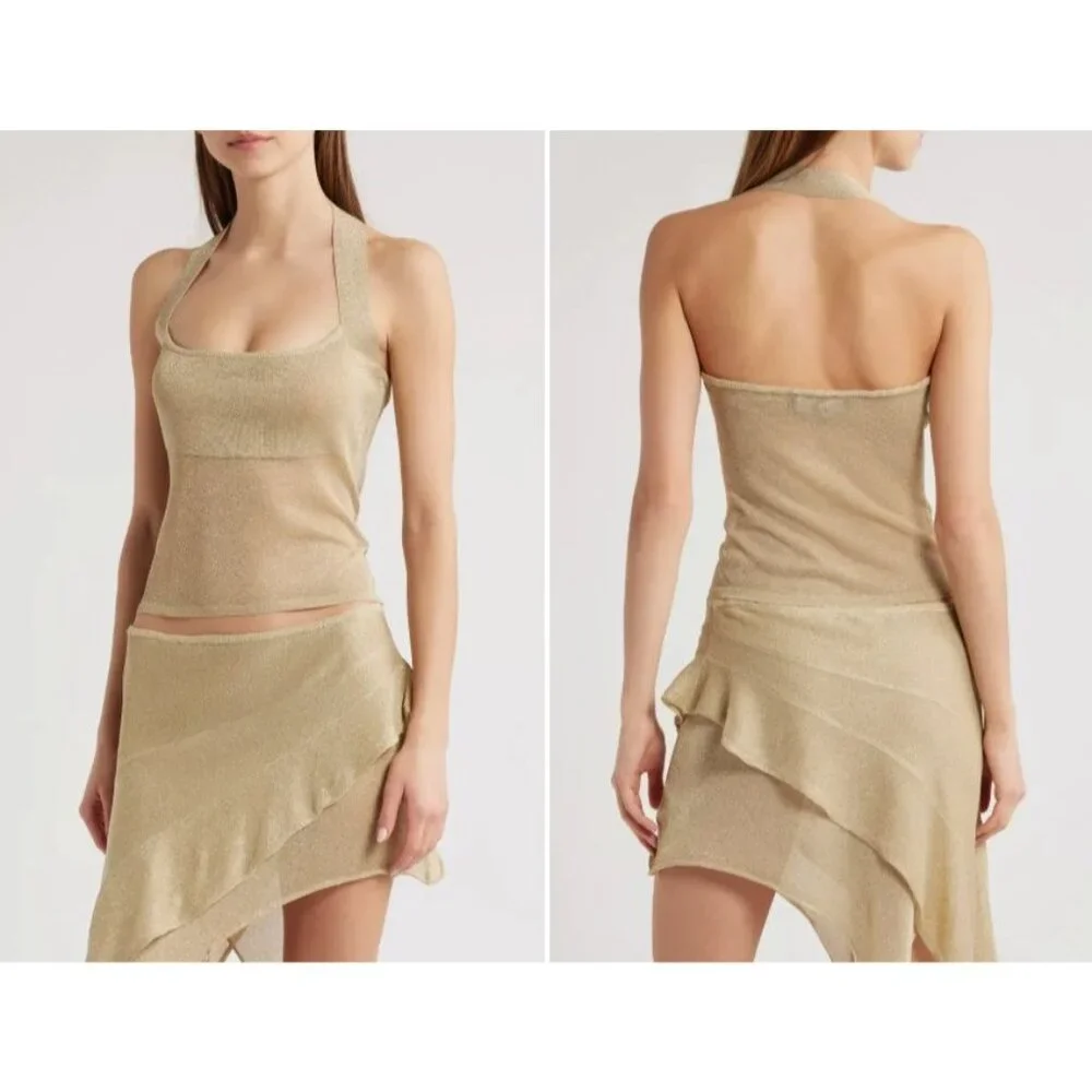LIONESS Palisades Halter in Oyster XLarge New Womens Knit Gold Top